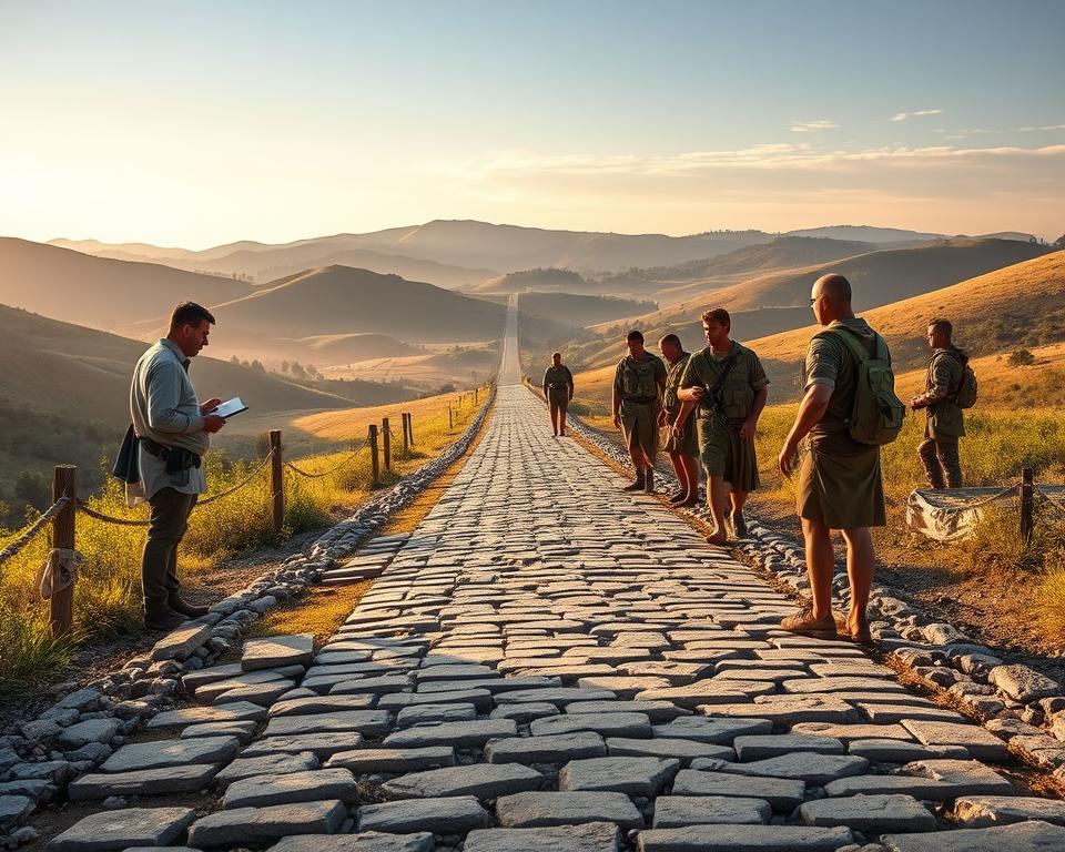 A Roman road stretching across a picturesque countryside, with a team of overseers surveying its construction and maintenance. In the foreground, a censor inspects the work, clipboard in hand, while soldiers labor to lay down the sturdy paving stones. In the middle ground, a curators viae, a state-appointed road supervisor, coordinates the efforts, ensuring the highest standards are met. The background features rolling hills, lush vegetation, and a clear sky bathed in warm, golden light, conveying a sense of timeless grandeur. Titled "Język włoski dla Polaków", this scene captures the systematic oversight that kept the famous Roman roads operational for centuries. A Roman road stretching across a picturesque countryside, with a team of overseers surveying its construction and maintenance. In the foreground, a censor inspects the work, clipboard in hand, while soldiers labor to lay down the sturdy paving stones. In the middle ground, a curators viae, a state-appointed road supervisor, coordinates the efforts, ensuring the highest standards are met. The background features rolling hills, lush vegetation, and a clear sky bathed in warm, golden light, conveying a sense of timeless grandeur. Titled "Język włoski dla Polaków", this scene captures the systematic oversight that kept the famous Roman roads operational for centuries.