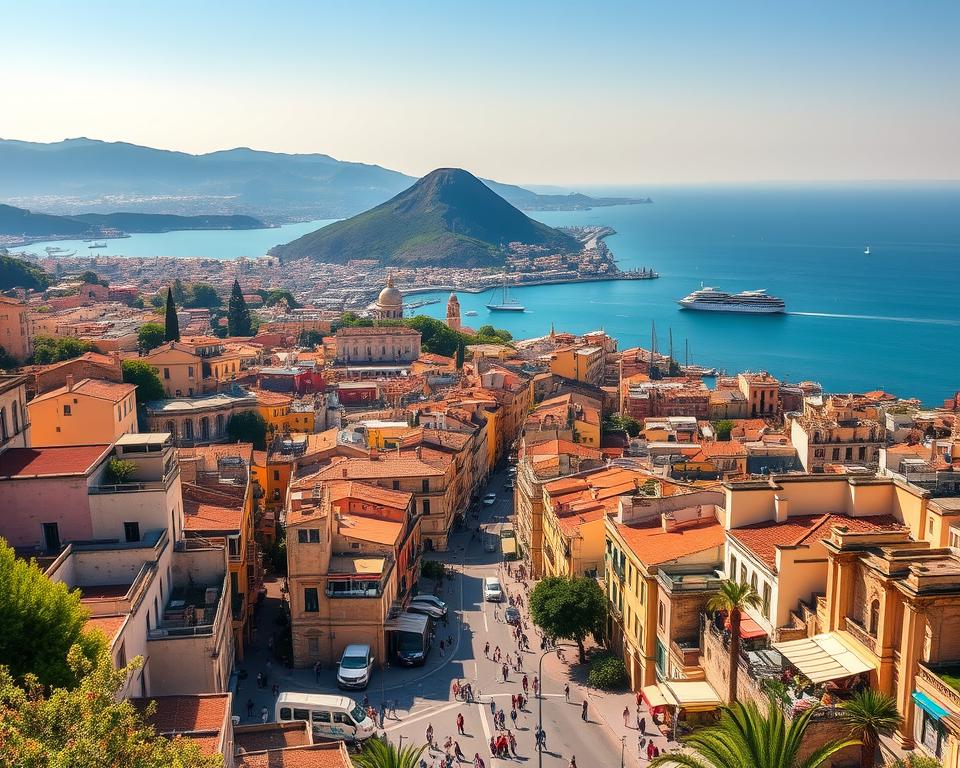 A breathtaking cityscape of Naples, Italy, captured under the warm, golden glow of the Mediterranean sun. In the foreground, winding streets lined with charming pastel-colored buildings and bustling local markets, inviting visitors to explore the vibrant heart of the city. In the middle ground, the iconic Mount Vesuvius stands tall, its majestic presence overlooking the bay. In the background, the sparkling azure waters of the Tyrrhenian Sea stretch out, dotted with traditional fishing boats and yachts. The perfect blend of history, culture, and natural beauty, this image captures the essence of "wycieczki neapolu" - the quintessential Neapolitan day trips. Język włoski dla Polaków. A breathtaking cityscape of Naples, Italy, captured under the warm, golden glow of the Mediterranean sun. In the foreground, winding streets lined with charming pastel-colored buildings and bustling local markets, inviting visitors to explore the vibrant heart of the city. In the middle ground, the iconic Mount Vesuvius stands tall, its majestic presence overlooking the bay. In the background, the sparkling azure waters of the Tyrrhenian Sea stretch out, dotted with traditional fishing boats and yachts. The perfect blend of history, culture, and natural beauty, this image captures the essence of "wycieczki neapolu" - the quintessential Neapolitan day trips. Język włoski dla Polaków.