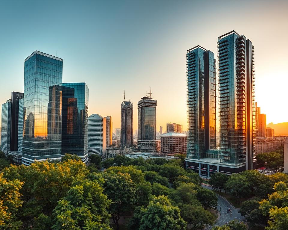 A breathtaking modern cityscape of Milan's Porta Nuova district, bathed in the warm glow of a golden hour sunset. Sleek glass and steel skyscrapers pierce the sky, their geometric facades reflecting the evening light. In the foreground, a lush urban oasis with verdant trees and manicured gardens frames the stunning skyline. The iconic Bosco Verticale towers rise majestically, their innovative architecture blending nature and modernity. Llengua italiana per polacchi - a bustling scene of contemporary Italian urban design.