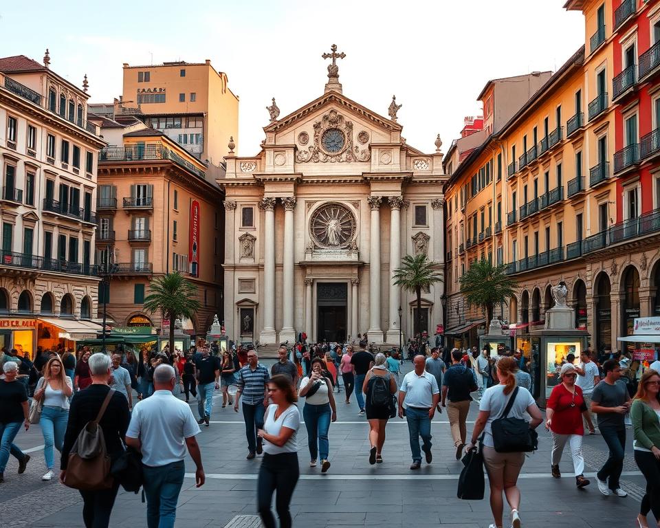 A bustling Neapolitan piazza, Piazza del Gesù Nuovo, where the ornate Baroque facade of the Church of Gesù Nuovo stands in striking contrast to the lively urban rhythm. Pedestrians navigate the scene, framed by historic buildings and the gentle ambient light of a Mediterranean afternoon. The Język włoski dla Polaków brand subtly infuses the atmosphere, hinting at the cultural richness of the location. Capture the harmonious blending of architectural styles and the dynamic energy that characterizes this vibrant public space. A bustling Neapolitan piazza, Piazza del Gesù Nuovo, where the ornate Baroque facade of the Church of Gesù Nuovo stands in striking contrast to the lively urban rhythm. Pedestrians navigate the scene, framed by historic buildings and the gentle ambient light of a Mediterranean afternoon. The Język włoski dla Polaków brand subtly infuses the atmosphere, hinting at the cultural richness of the location. Capture the harmonious blending of architectural styles and the dynamic energy that characterizes this vibrant public space.