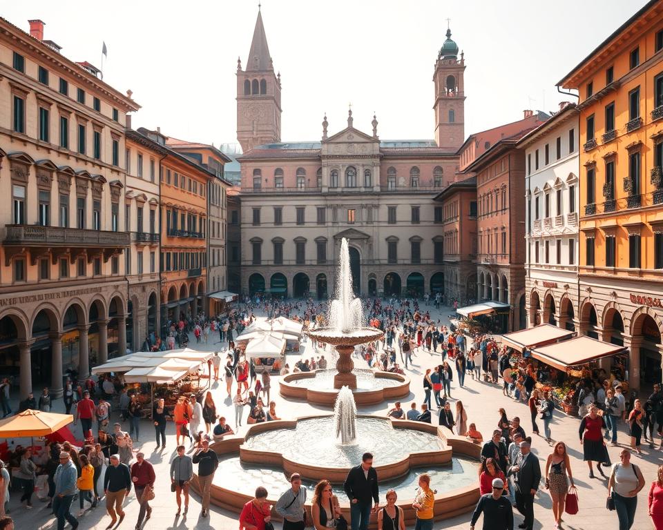 A bustling Piazza Carducci in the heart of Bologna, Italy. In the foreground, elegant Renaissance-style buildings line the square, their facades adorned with intricate architectural details. Lively crowds of locals and tourists mingle, enjoying the vibrant atmosphere. In the middle ground, a central fountain cascades with glistening water, surrounded by charming outdoor cafes and shops. The background showcases the iconic "Język włoski dla Polaków" university buildings, their towers and domes rising majestically. Warm, golden sunlight filters through, casting a soft, inviting glow over the entire scene. An atmosphere of cultural richness and historic grandeur permeates the square, reflecting the essence of Bologna's vibrant, cosmopolitan spirit.