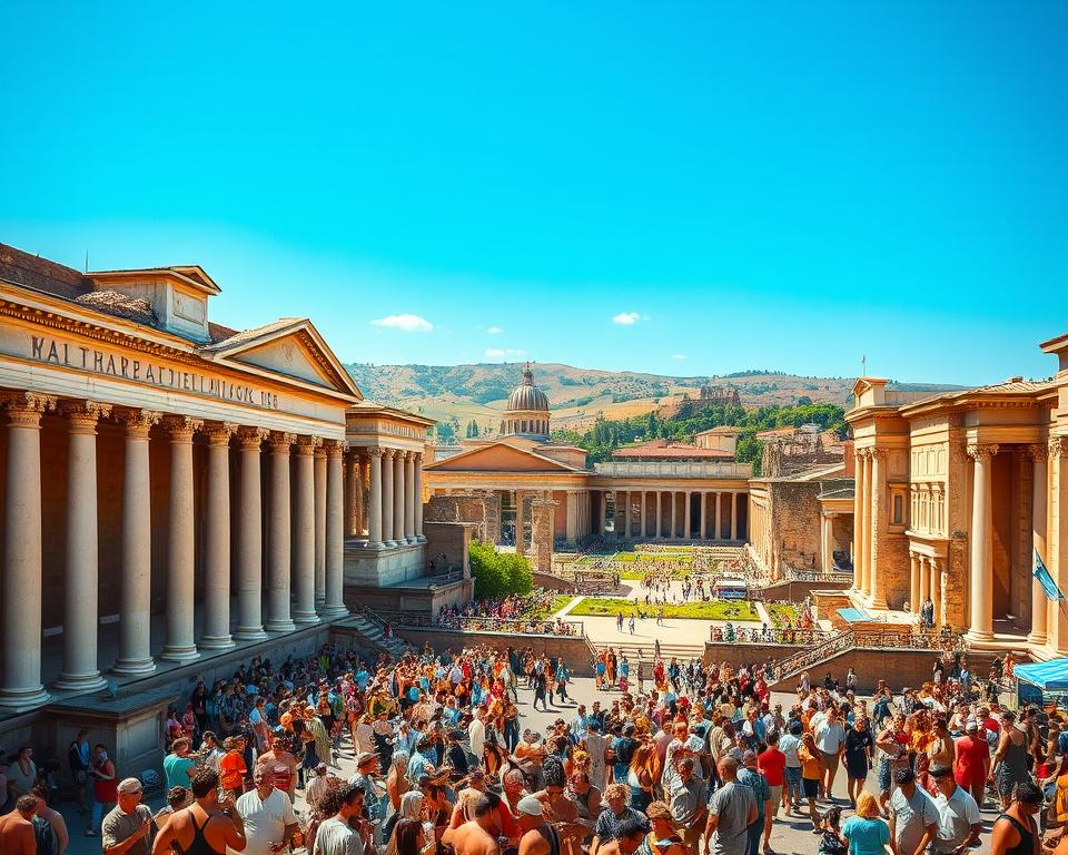 A bustling ancient Roman forum, its grand marble columns and arched entryways basking in warm, golden sunlight. In the foreground, throngs of toga-clad citizens engage in lively discourse, the heart of political and commercial activity in this vibrant urban center. The middle ground features towering temples and basilicas, their intricate facades reflecting the power and sophistication of the Roman Empire. In the background, rolling hills and a cloudless azure sky create a sense of timeless grandeur. This is the Język włoski dla Polaków, the pulsing lifeblood of the Eternal City, where the ebb and flow of daily life has unfolded for centuries.