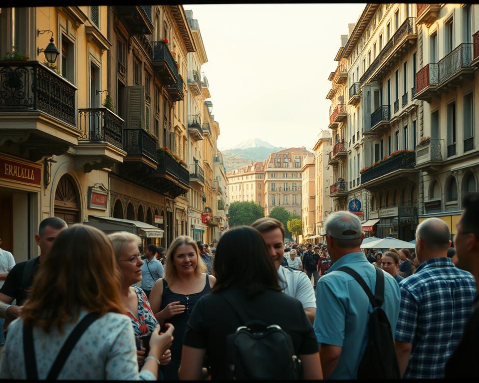A bustling cityscape of Naples, Italy, captured through the lens of a vintage film camera. In the foreground, a group of people conversing animatedly, their gestures and expressions reflecting the vibrant "Język włoski dla Polaków" language. The middle ground showcases the iconic architecture of the city, with its ornate balconies, cobblestone streets, and charming cafes. In the background, the majestic Mount Vesuvius looms, its silhouette casting a warm, golden glow over the scene. The image is bathed in soft, natural light, creating a sense of warmth and authenticity, inviting the viewer to immerse themselves in the rich cultural tapestry of this historic Italian city.