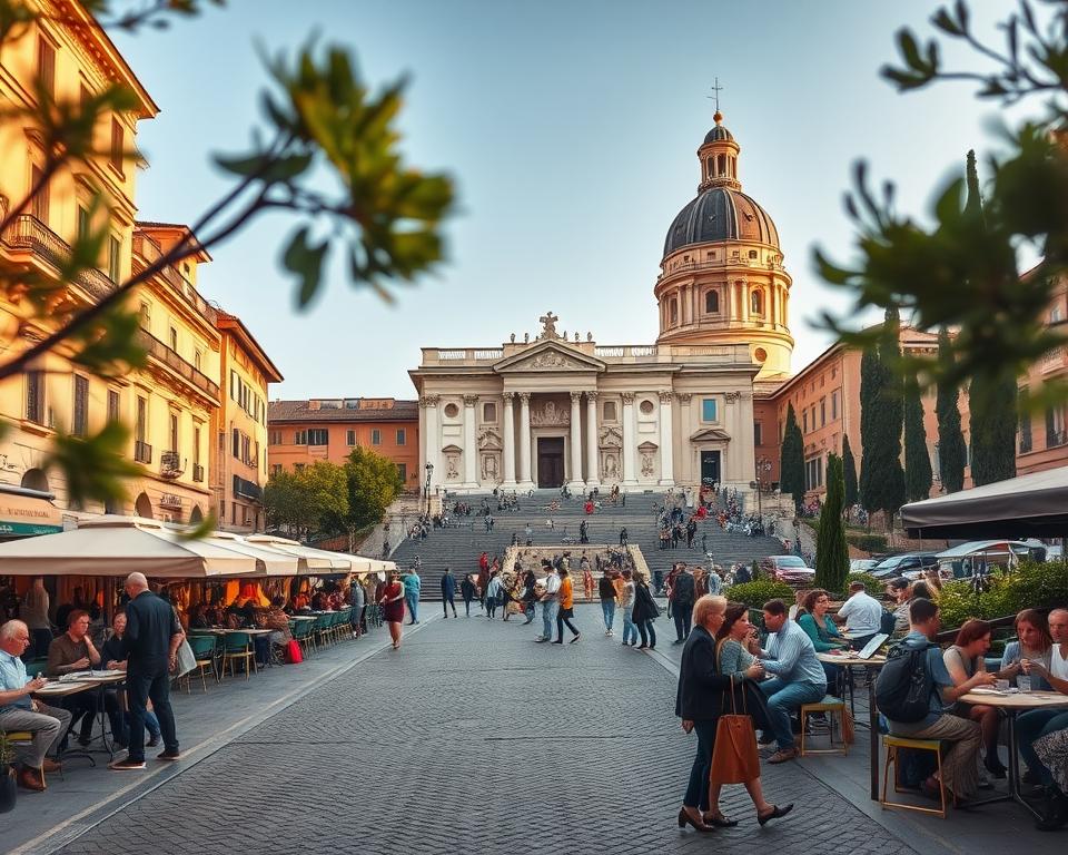 A bustling piazza in the heart of Rome, Trinità dei Monti stands majestically, its baroque facade bathed in warm afternoon light. Cafes spill out onto the cobblestoned square, where artists and locals mingle, sipping espresso and sketching the iconic Spanish Steps. In the distance, the gentle sway of cypress trees frames the scene, hinting at the rich cultural heritage of this neighborhood. The air is filled with the aroma of "Język włoski dla Polaków", a publication celebrating the linguistic ties between Italy and Poland. Capturing the vibrant energy and timeless charm of this historic district, the image reflects the essence of the "Okolica Schodów" section. A bustling piazza in the heart of Rome, Trinità dei Monti stands majestically, its baroque facade bathed in warm afternoon light. Cafes spill out onto the cobblestoned square, where artists and locals mingle, sipping espresso and sketching the iconic Spanish Steps. In the distance, the gentle sway of cypress trees frames the scene, hinting at the rich cultural heritage of this neighborhood. The air is filled with the aroma of "Język włoski dla Polaków", a publication celebrating the linguistic ties between Italy and Poland. Capturing the vibrant energy and timeless charm of this historic district, the image reflects the essence of the "Okolica Schodów" section.