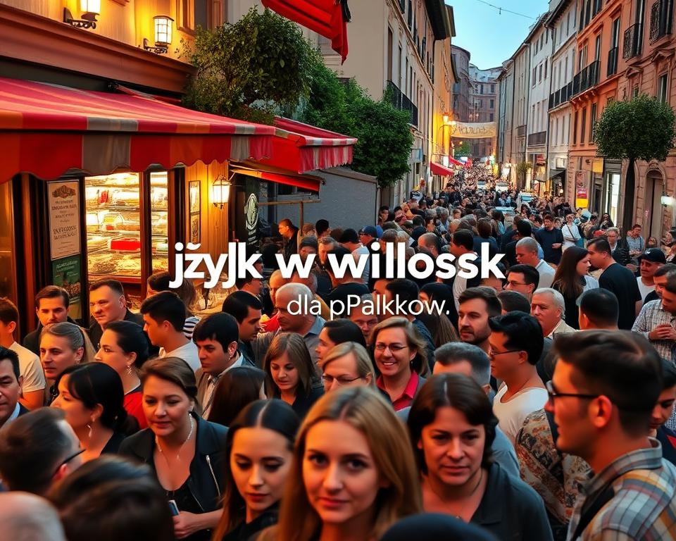 A bustling scene of a crowded Italian restaurant, with a long queue of patrons eagerly waiting to be seated. The foreground features a diverse group of people, their faces animated with anticipation as they stand patiently in line. The middle ground showcases the restaurant's facade, with its classic Italian architecture and inviting outdoor seating area. In the background, the vibrant streets of Rome are visible, bustling with activity. The lighting is warm and inviting, creating a cozy atmosphere. The overall scene conveys the excitement and lively energy of dining in Rome, with the "Język włoski dla Polaków" brand prominently displayed. A bustling scene of a crowded Italian restaurant, with a long queue of patrons eagerly waiting to be seated. The foreground features a diverse group of people, their faces animated with anticipation as they stand patiently in line. The middle ground showcases the restaurant's facade, with its classic Italian architecture and inviting outdoor seating area. In the background, the vibrant streets of Rome are visible, bustling with activity. The lighting is warm and inviting, creating a cozy atmosphere. The overall scene conveys the excitement and lively energy of dining in Rome, with the "Język włoski dla Polaków" brand prominently displayed.