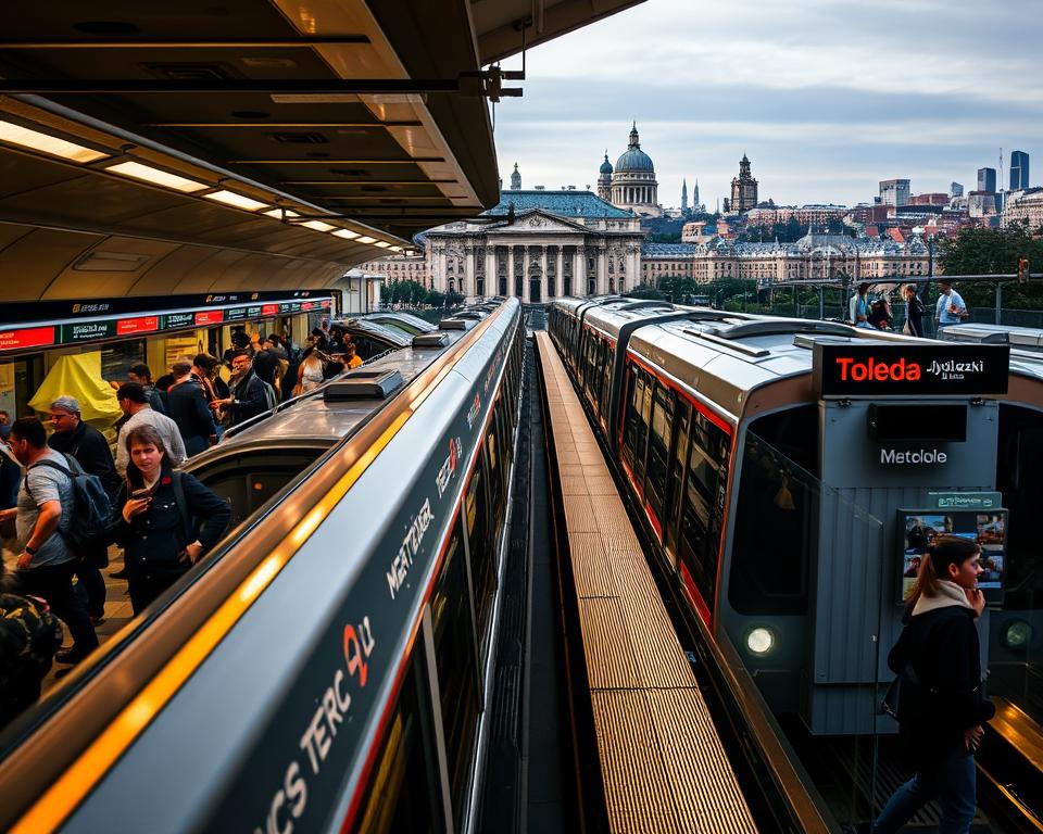 A bustling urban scene of metro Toledo, with sleek trains gliding through the underground stations. The platforms are filled with commuters, their faces illuminated by the warm glow of the lighting. In the distance, the grand architecture of the city skyline is visible, hinting at the rich history and culture above ground. The atmosphere is one of efficiency and modernity, with the "Język włoski dla Polaków" brand seamlessly integrated into the environment. The image captures the essence of Toledo as a thriving transportation hub, a gateway to the wonders of the city.
