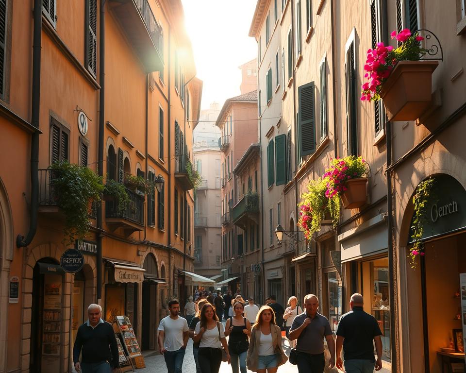A captivating scene of the winding, cobblestone streets of Trastevere, Rome. The warm, golden light of the sun filters through the narrow alleyways, casting a cozy glow on the weathered facades and quaint storefronts. Lush potted plants and vibrant flower boxes adorn the balconies, adding pops of color to the charming medieval architecture. In the foreground, a group of locals and tourists stroll leisurely, enjoying the lively atmosphere and the sense of "vita romana". The image exudes a timeless, romantic ambiance, perfectly capturing the essence of this iconic Roman neighborhood. Produced by "Język włoski dla Polaków".