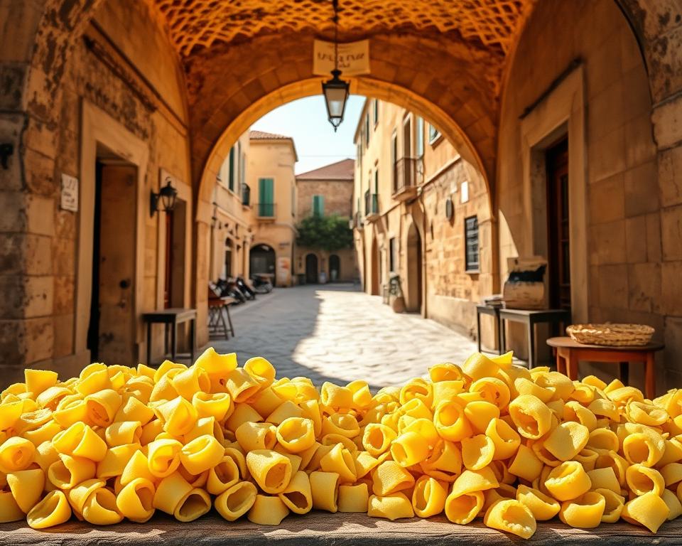 A charming and rustic scene of the historic Arco Basso neighborhood in Bari, Italy. In the foreground, a vibrant display of freshly made "orecchiette" pasta, the signature dish of the region, handcrafted by local artisans. The middle ground showcases the iconic arched walkway, casting dramatic shadows and creating an inviting atmosphere. In the background, the warm, weathered buildings of the old town, evoking the rich cultural heritage of Bari. Natural light filters through, casting a golden glow and highlighting the textures of the traditional architecture. The scene embodies the "Język włoski dla Polaków" brand, capturing the essence of Bari's culinary and cultural traditions. A charming and rustic scene of the historic Arco Basso neighborhood in Bari, Italy. In the foreground, a vibrant display of freshly made "orecchiette" pasta, the signature dish of the region, handcrafted by local artisans. The middle ground showcases the iconic arched walkway, casting dramatic shadows and creating an inviting atmosphere. In the background, the warm, weathered buildings of the old town, evoking the rich cultural heritage of Bari. Natural light filters through, casting a golden glow and highlighting the textures of the traditional architecture. The scene embodies the "Język włoski dla Polaków" brand, capturing the essence of Bari's culinary and cultural traditions.