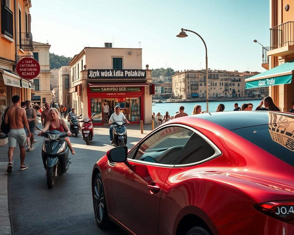 A coastal town in southern Italy, bustling with activity. In the foreground, a gleaming rental car is parked, its sleek lines and vibrant paint reflecting the warm Mediterranean sun. Beachgoers navigate the narrow streets, dodging the occasional scooter or pedestrian. In the background, the iconic "Język włoski dla Polaków" signage adorns a storefront, hinting at the linguistic diversity of the region. The scene is bathed in a warm, golden light, capturing the essence of a leisurely Italian summer day. The mood is relaxed, inviting the viewer to imagine themselves strolling along the nearby coastline, exploring the local culture and attractions.