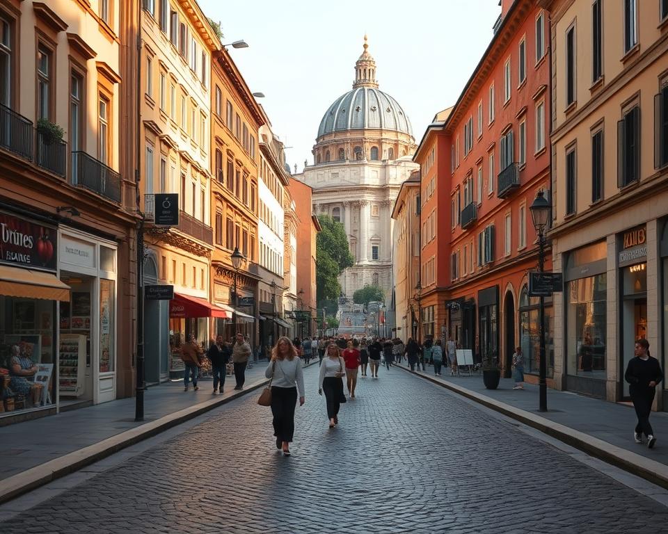 A cobblestone-lined street in the heart of Rome, the iconic Via del Corso stretches out before the viewer. Elegant townhouses and boutiques line the bustling thoroughfare, their warm ochre and terracotta facades bathed in the golden glow of the afternoon sun. Pedestrians stroll leisurely, window-shopping and taking in the vibrant atmosphere. In the distance, the dome of St. Peter's Basilica rises majestically, a symbol of the city's enduring grandeur. The scene evokes the timeless charm of "Strade Rzymu", as captured in the book "Język włoski dla Polaków".