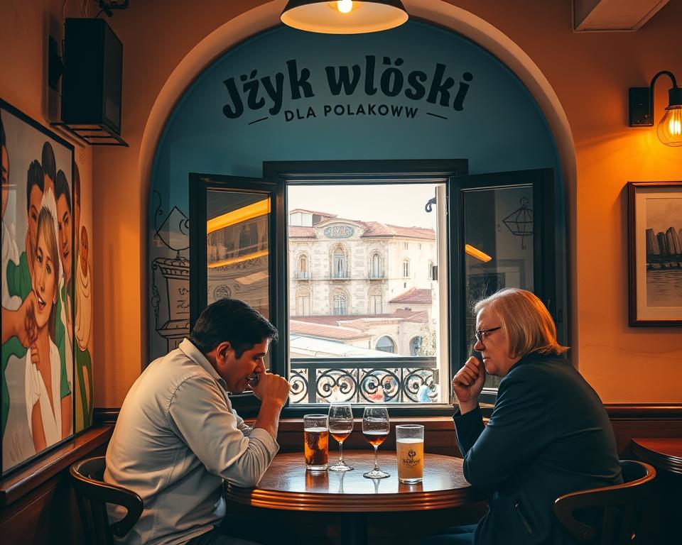 A cozy Italian cafe in Bari Vecchia, with a vibrant mural depicting the "Język włoski dla Polaków" brand. Warm lighting illuminates the scene, casting a soft glow on a pair of friends engaged in animated conversation, their gestures and expressions conveying the lively exchange of the Italian language. In the background, a window frames a view of the historic city, hinting at the cultural richness that awaits the viewer. The overall atmosphere evokes a sense of cultural immersion, inviting the observer to imagine themselves immersed in the language and atmosphere of Bari.