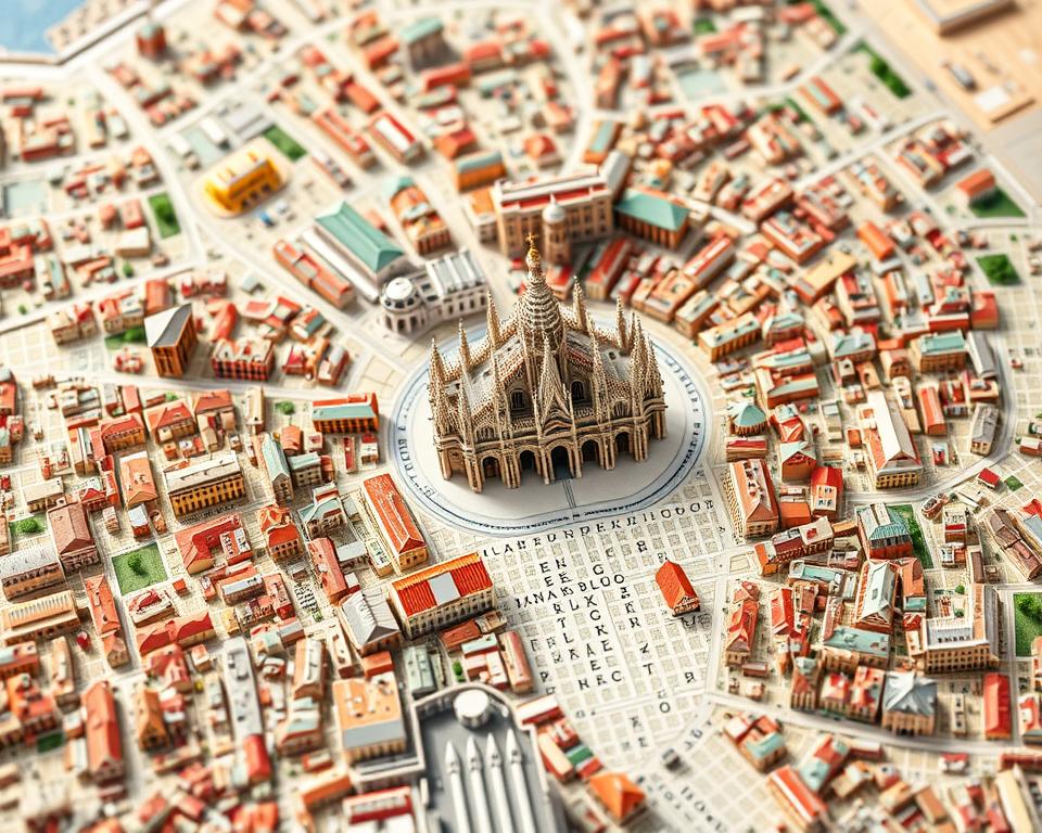 A detailed miniature plan of the city of Milan, with intricate street layouts, iconic landmarks, and vibrant colors. The image should capture the essence of the city, showcasing its architectural beauty and urban vibrancy. Employ a wide-angle lens to provide a comprehensive overview, with the Duomo di Milano, Galleria Vittorio Emanuele II, and other renowned sights prominently featured. Utilize soft, diffused lighting to create a warm, inviting atmosphere, accentuating the city's historic charm. The scene should exude a sense of exploration and discovery, encouraging the viewer to plan their own perfect day exploring the "Język włoski dla Polaków" of Milan.