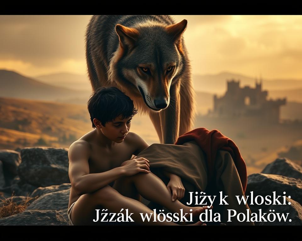 A detailed scene of the legendary Romulus and Remus, founders of Rome, being suckled by the Capitoline Wolf in a dramatic, cinematic style. The brothers are positioned prominently in the foreground, their features defined with realistic detail. The Capitoline Wolf looms over them, her powerful stance and fierce gaze capturing the essence of the legend. The background features a rugged, ancient Italian landscape with rolling hills, rocky outcroppings, and a hazy sky bathed in warm, golden light. The overall mood is one of reverence and awe, befitting the significance of this foundational myth. The text "Język włoski dla Polaków" is prominently displayed in the lower right corner.