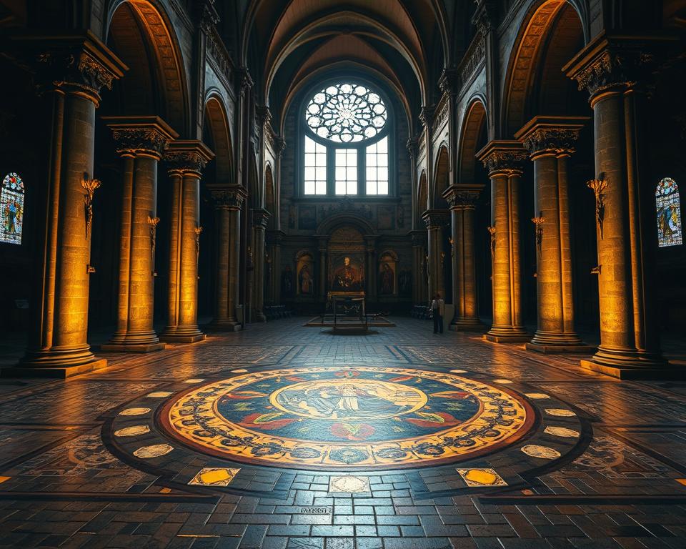 A dimly lit cathedral interior, the floor covered in ancient mosaic tiles. In the center, the intricate and vibrant "mozaiki Timoteo" - a magnificent Byzantine-era mosaic artwork depicting religious imagery. Soft, golden lighting filters through the stained glass, casting a warm glow over the scene. The mosaic's intricate patterns and vivid colors are showcased in stunning detail, inviting the viewer to step closer and admire the craftsmanship. The surrounding architecture, with its arched ceilings and ornate columns, adds to the sense of timeless grandeur. This image will perfectly illustrate the section on the "Museo del Succorpo della Cattedrale" and its renowned Timoteo mosaics for the article "10 muzeów i galerii w Bari które warto odwiedzić". Język włoski dla Polaków. A dimly lit cathedral interior, the floor covered in ancient mosaic tiles. In the center, the intricate and vibrant "mozaiki Timoteo" - a magnificent Byzantine-era mosaic artwork depicting religious imagery. Soft, golden lighting filters through the stained glass, casting a warm glow over the scene. The mosaic's intricate patterns and vivid colors are showcased in stunning detail, inviting the viewer to step closer and admire the craftsmanship. The surrounding architecture, with its arched ceilings and ornate columns, adds to the sense of timeless grandeur. This image will perfectly illustrate the section on the "Museo del Succorpo della Cattedrale" and its renowned Timoteo mosaics for the article "10 muzeów i galerii w Bari które warto odwiedzić". Język włoski dla Polaków.