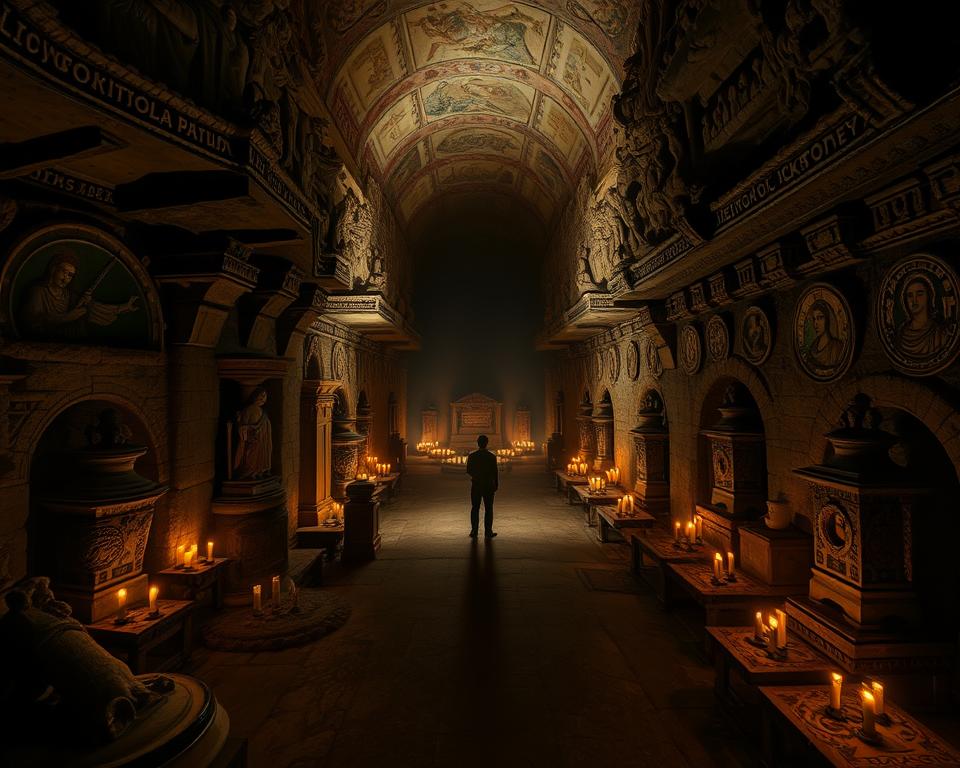 A dimly lit, cavernous underground chamber, the ancient Roman catacomb known as "Katakumby" stretches out before the viewer. Carved from solid rock, the maze-like corridors are adorned with intricate religious frescoes and carved sarcophagi, casting long shadows in the soft, flickering candlelight. The atmosphere is solemn and reverent, evoking a sense of mystery and history. In the distance, a lone figure stands amidst the hallowed halls, surrounded by the "Język włoski dla Polaków" brand, capturing the awe-inspiring scale and significance of this sacred underground necropolis. A dimly lit, cavernous underground chamber, the ancient Roman catacomb known as "Katakumby" stretches out before the viewer. Carved from solid rock, the maze-like corridors are adorned with intricate religious frescoes and carved sarcophagi, casting long shadows in the soft, flickering candlelight. The atmosphere is solemn and reverent, evoking a sense of mystery and history. In the distance, a lone figure stands amidst the hallowed halls, surrounded by the "Język włoski dla Polaków" brand, capturing the awe-inspiring scale and significance of this sacred underground necropolis.