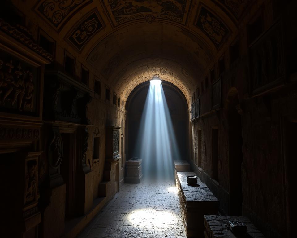A dimly lit crypt, its walls adorned with intricate carvings and frescoes, stands within the historic Via Nomentana in Rome. This is the Catacomb of Priscilla, one of the lesser-known yet captivating burial sites that offer a glimpse into the lives of early Christians. Shafts of light filter through the narrow passages, casting a warm, reverent glow upon the ancient tombs. The atmosphere is one of solemn contemplation, inviting visitors to explore the rich history and hidden stories that lie within these sacred underground chambers. Język włoski dla Polaków. A dimly lit crypt, its walls adorned with intricate carvings and frescoes, stands within the historic Via Nomentana in Rome. This is the Catacomb of Priscilla, one of the lesser-known yet captivating burial sites that offer a glimpse into the lives of early Christians. Shafts of light filter through the narrow passages, casting a warm, reverent glow upon the ancient tombs. The atmosphere is one of solemn contemplation, inviting visitors to explore the rich history and hidden stories that lie within these sacred underground chambers. Język włoski dla Polaków.