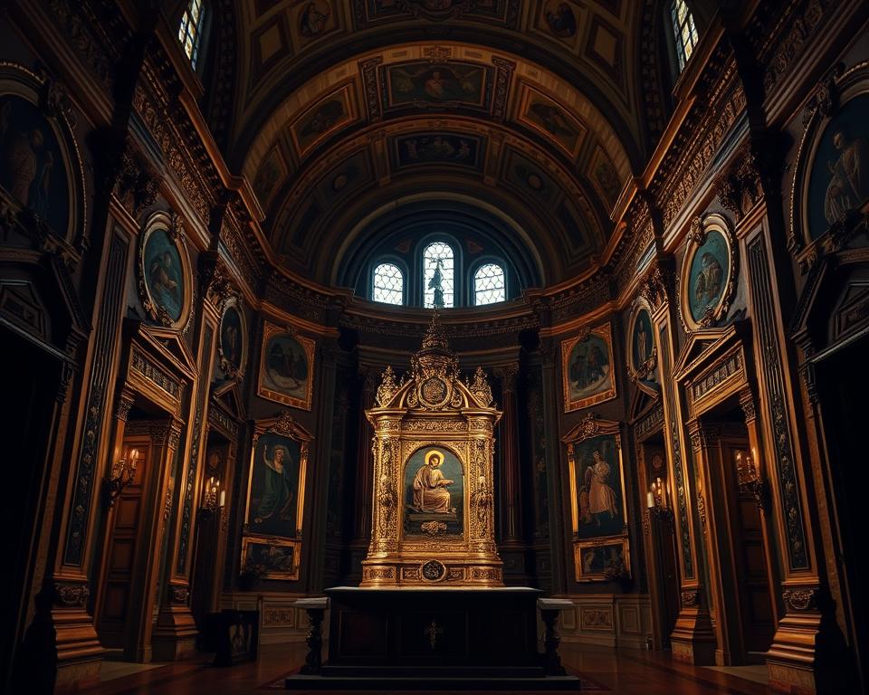A dimly lit, ornate chapel interior with intricate, baroque architectural details. The walls are adorned with gilded moldings and frescoes depicting religious scenes. In the center, a large, ornate reliquary stands on an altar, housing the "relikwie Męki Pańskiej" - sacred relics associated with the Passion of Christ. Soft, warm lighting casts a reverent, atmospheric glow, highlighting the chapel's historical and spiritual significance. The mood is one of solemnity and reverence. Język włoski dla Polaków. A dimly lit, ornate chapel interior with intricate, baroque architectural details. The walls are adorned with gilded moldings and frescoes depicting religious scenes. In the center, a large, ornate reliquary stands on an altar, housing the "relikwie Męki Pańskiej" - sacred relics associated with the Passion of Christ. Soft, warm lighting casts a reverent, atmospheric glow, highlighting the chapel's historical and spiritual significance. The mood is one of solemnity and reverence. Język włoski dla Polaków.