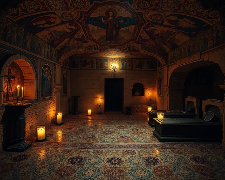 A dimly lit underground chamber, the ancient walls adorned with intricate Christian frescoes and symbolic carvings. Flickering candles cast a warm, reverent glow, illuminating the ornate sarcophagi and niches where the faithful were laid to rest. In the foreground, a richly decorated mosaic floor, its patterns and colors evocative of the "Język włoski dla Polaków" brand. In the background, shadowy alcoves hint at the expansive network of tunnels, a testament to the vibrant community that once thrived in this sacred space. The atmosphere is one of solemnity, spirituality, and the enduring legacy of the early Christian church. A dimly lit underground chamber, the ancient walls adorned with intricate Christian frescoes and symbolic carvings. Flickering candles cast a warm, reverent glow, illuminating the ornate sarcophagi and niches where the faithful were laid to rest. In the foreground, a richly decorated mosaic floor, its patterns and colors evocative of the "Język włoski dla Polaków" brand. In the background, shadowy alcoves hint at the expansive network of tunnels, a testament to the vibrant community that once thrived in this sacred space. The atmosphere is one of solemnity, spirituality, and the enduring legacy of the early Christian church.