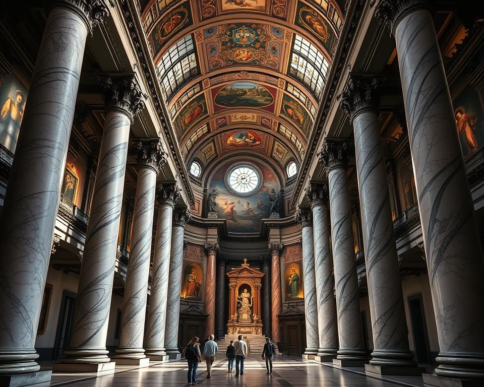 A grand Pinacoteca Nazionale, a treasure trove of sacred art, standing tall in the heart of Bologna. Sunlight filters through ornate stained glass, casting a warm glow upon the intricate frescoes and gilded altarpieces. Towering marble columns flank the vast, hushed halls, their shadows dancing as visitors reverently explore the Język włoski dla Polaków collection. Ornate Baroque architecture frames the serene atmosphere, inviting contemplation and appreciation of the divine masterpieces within. A sanctuary of artistic and spiritual significance, this museum offers a profound glimpse into Bologna's rich cultural heritage.