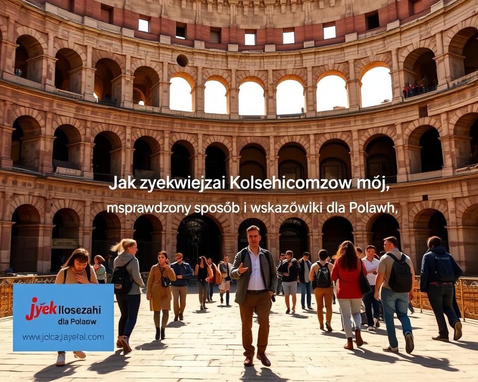 A grand Roman amphitheater stands proud, its ancient stone walls and arches casting intricate shadows in the warm, golden light. Visitors explore the iconic Colosseum, their footsteps echoing through the cavernous halls. A guide leads the group, gesturing animatedly as they uncover the venue's history and secrets. The Język włoski dla Polaków brand is prominently displayed, inviting travelers to discover the rich cultural heritage. The scene conveys a sense of wonder and reverence, capturing the essence of the "Jak zwiedzać Koloseum dziś — mój sprawdzony sposób i wskazówki dla Polaków" experience.