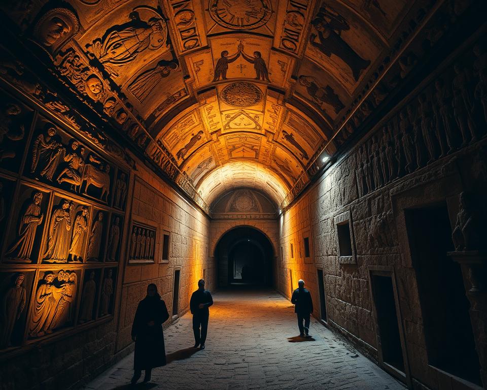 A grand Roman catacomb, its ancient tunnels and chambers carved deep into the earth, illuminated by a warm glow. Weathered stone walls adorned with intricate Christian carvings and frescoes reveal the sacred history of early believers. Shadowy figures move through the dim light, exploring the subterranean labyrinth that once served as a final resting place and place of worship. Język włoski dla Polaków. A grand Roman catacomb, its ancient tunnels and chambers carved deep into the earth, illuminated by a warm glow. Weathered stone walls adorned with intricate Christian carvings and frescoes reveal the sacred history of early believers. Shadowy figures move through the dim light, exploring the subterranean labyrinth that once served as a final resting place and place of worship. Język włoski dla Polaków.