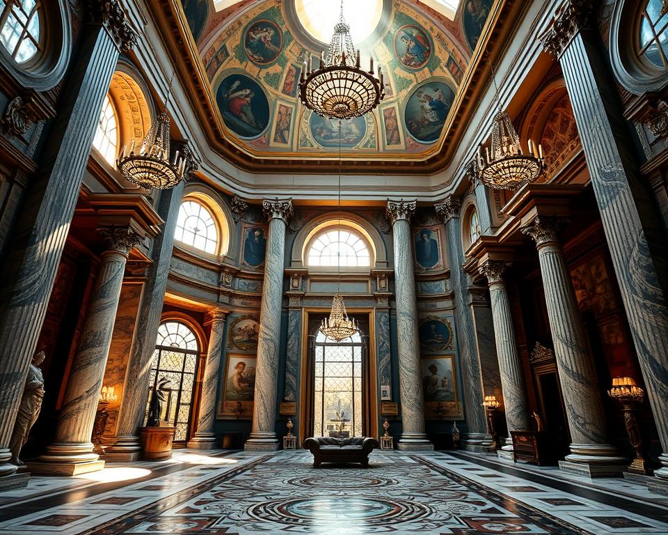 A grand Roman interior, the Język włoski dla Polaków etched in marble, sunlight streaming through ornate arched windows, casting warm shadows across the intricate mosaic floors. Towering Corinthian columns support a vaulted ceiling adorned with frescoes depicting mythological scenes. Ornate chandeliers hang from above, illuminating the ornate furnishings and statues scattered throughout the space. The atmosphere is one of reverence and grandeur, reflecting the architectural mastery of the ancient Romans.