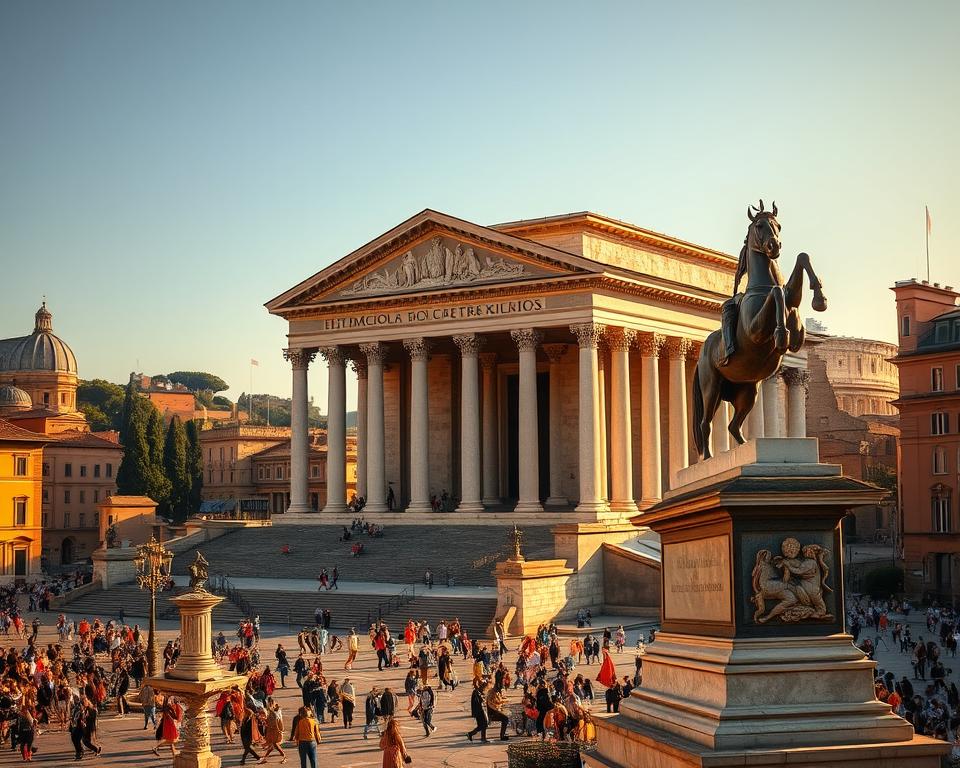 A grand, ancient Roman Kapitol, the smallest yet most significant of the seven hills of Rome, bathed in warm, golden sunlight. Imposing marble columns and ornate, intricate architectural details grace the magnificent temple at the summit, a testament to the might and grandeur of the Roman Empire. In the foreground, a bustling piazza teems with activity, with citizens going about their daily lives. The iconic Equestrian Statue of Marcus Aurelius stands proud, overlooking the heart of religious and political power. In the distance, the iconic silhouette of the Colosseum and other landmarks dot the skyline, creating a captivating, historic atmosphere. Język włoski dla Polaków.