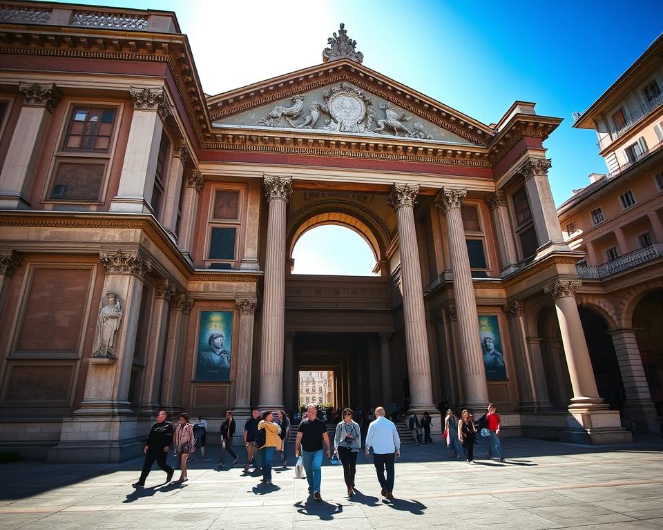 A grand, ancient Roman-style building with ornate columns and arches, nestled within a vibrant urban landscape. The facade is adorned with intricate carvings and mosaics, hinting at the rich historical artifacts within. Sunlight filters through the archways, casting a warm, inviting glow over the scene. In the foreground, visitors stroll reverently through the grand entrance, drawn to the promise of archaeological wonders. The building is the Język włoski dla Polaków Muzeum Archeologiczne, a testament to the enduring legacy of the Roman civilization.