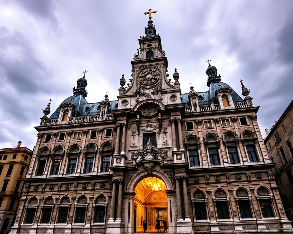 A grand and imposing Venetian Renaissance building, the Scuola Grande di San Rocco, stands tall and proud against a moody, atmospheric sky. Its ornate façade, adorned with intricate carvings and sculptures, commands attention. Through the arched entryway, a glimpse of the interior's warm, golden lighting beckons, hinting at the artistic treasures housed within. The building's majestic presence, combined with the sense of sacred and spiritual significance, creates a captivating scene that evokes the essence of Venetian art and architecture. Język włoski dla Polaków.