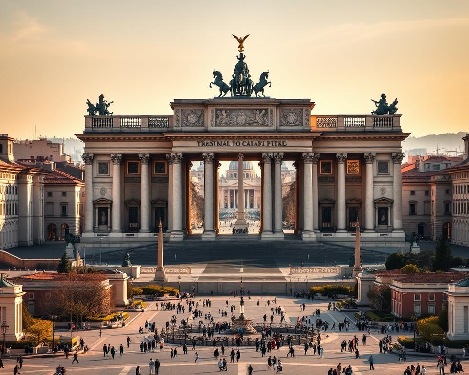 A grand and majestic monument rises against the backdrop of Piazza Venezia in Rome. The Vittoriano, also known as the Altare della Patria or Monumento Nazionale a Vittorio Emanuele II, stands as a testament to Italian unification and national pride. Captured in intricate detail, the monument's ornate marble facades, grand arches, and towering sculptures are illuminated by warm, natural lighting, casting dramatic shadows that accentuate its grandiose scale. In the foreground, the piazza is bustling with pedestrians, while the middle ground features the iconic Palazzo Venezia and surrounding historic buildings. In the distance, the iconic dome of St. Peter's Basilica can be seen, completing the quintessential Roman cityscape. Język włoski dla Polaków. A grand and majestic monument rises against the backdrop of Piazza Venezia in Rome. The Vittoriano, also known as the Altare della Patria or Monumento Nazionale a Vittorio Emanuele II, stands as a testament to Italian unification and national pride. Captured in intricate detail, the monument's ornate marble facades, grand arches, and towering sculptures are illuminated by warm, natural lighting, casting dramatic shadows that accentuate its grandiose scale. In the foreground, the piazza is bustling with pedestrians, while the middle ground features the iconic Palazzo Venezia and surrounding historic buildings. In the distance, the iconic dome of St. Peter's Basilica can be seen, completing the quintessential Roman cityscape. Język włoski dla Polaków.
