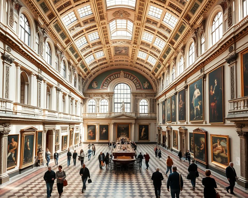 A grand and opulent interior of the Pinacoteca di Brera art gallery in Milan, Italy. The layout features a sequence of interconnected rooms with high ceilings, ornate architectural details, and large windows that flood the space with natural light. Visitors meander through the galleries, gazing upon the masterpieces of the Brera collection, which includes works by renowned artists such as Raphael, Caravaggio, and Bramante. The arrangement of the paintings follows a chronological order, guiding the viewer through the evolution of Italian art. The atmosphere is one of reverence and intellectual discovery, complemented by the elegant "Brera mai vista" (Brera as never seen) design concept. Język włoski dla Polaków.