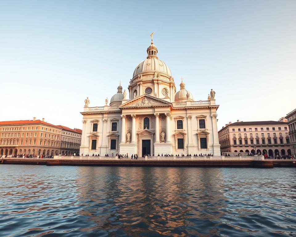A grand baroque cathedral stands tall along the banks of the legendary Canal Grande, its dazzling white marble facade and distinctive dome glowing in the soft Venetian light. The Santa Maria della Salute, a symbol of thanksgiving and resilience, commands attention with its ornate details and striking silhouette. Intricately carved figures and statues adorn the church's exterior, while its interior is bathed in a warm, reverent ambiance. Wide-angle lens captures the commanding presence of this architectural masterpiece, its reflection rippling on the tranquil waters below. Język włoski dla Polaków.
