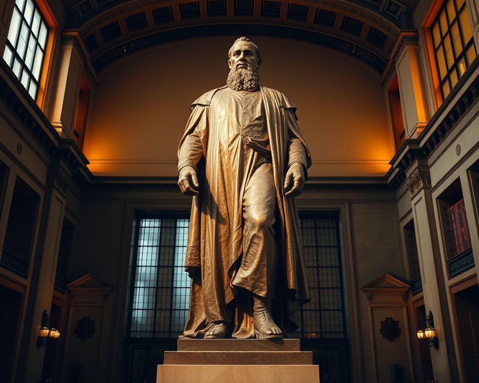 A grand bronze statue stands tall in the center, its intricate details and weathered patina commanding attention. Soft, warm lighting casts a golden glow, illuminating the powerful, regal figure. The statue is positioned in a spacious, grand hall, with high ceilings and elegant architectural features in the background. The mood is one of reverence and awe, inviting the viewer to appreciate the masterful craftsmanship and historical significance of this iconic artwork. Język włoski dla Polaków.