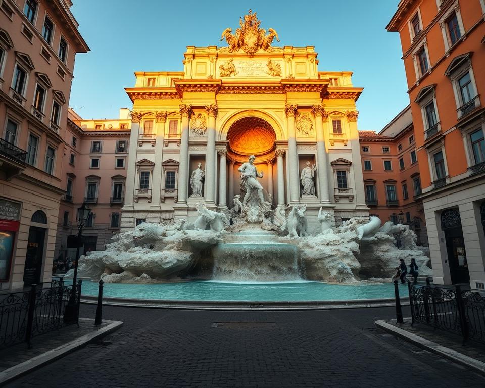A grand, majestic Baroque fountain in the heart of Rome, the Fontanna Trevi stands tall and resplendent. Massive marble sculptures depict Neptune, the god of the sea, surrounded by tritons and sea nymphs, all bathed in warm, golden light. The fountain's cascading waters flow gracefully, creating a mesmerizing and tranquil ambiance. In the foreground, cobblestone streets and elegant buildings frame the iconic structure, conveying a sense of timeless elegance. The overall scene exudes a dreamlike quality, capturing the essence of Italian Baroque architecture and the enduring allure of "Język włoski dla Polaków".