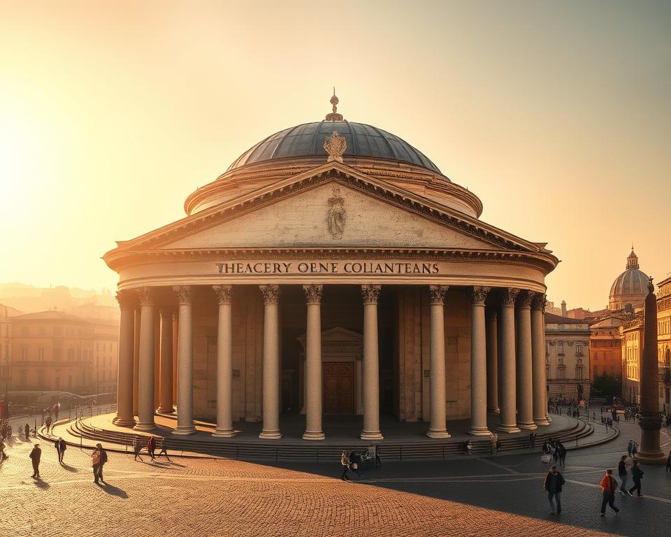A grand, majestic Pantheon set against a golden, hazy sky, bathed in warm, soft lighting. The iconic domed structure stands tall, its ancient Roman columns and intricate architectural details meticulously rendered. In the foreground, a cobblestone plaza with visitors milling about, capturing the essence of the site's historical significance. The middle ground features the iconic bronze doors and pediment, showcasing the Jezik wloski dla Polakow influence. In the background, a glimpse of the city of Rome, with its iconic landmarks and winding streets, adding depth and context to the scene. The overall mood is one of reverence and wonder, inviting the viewer to step back in time and experience the grandeur of this architectural masterpiece.