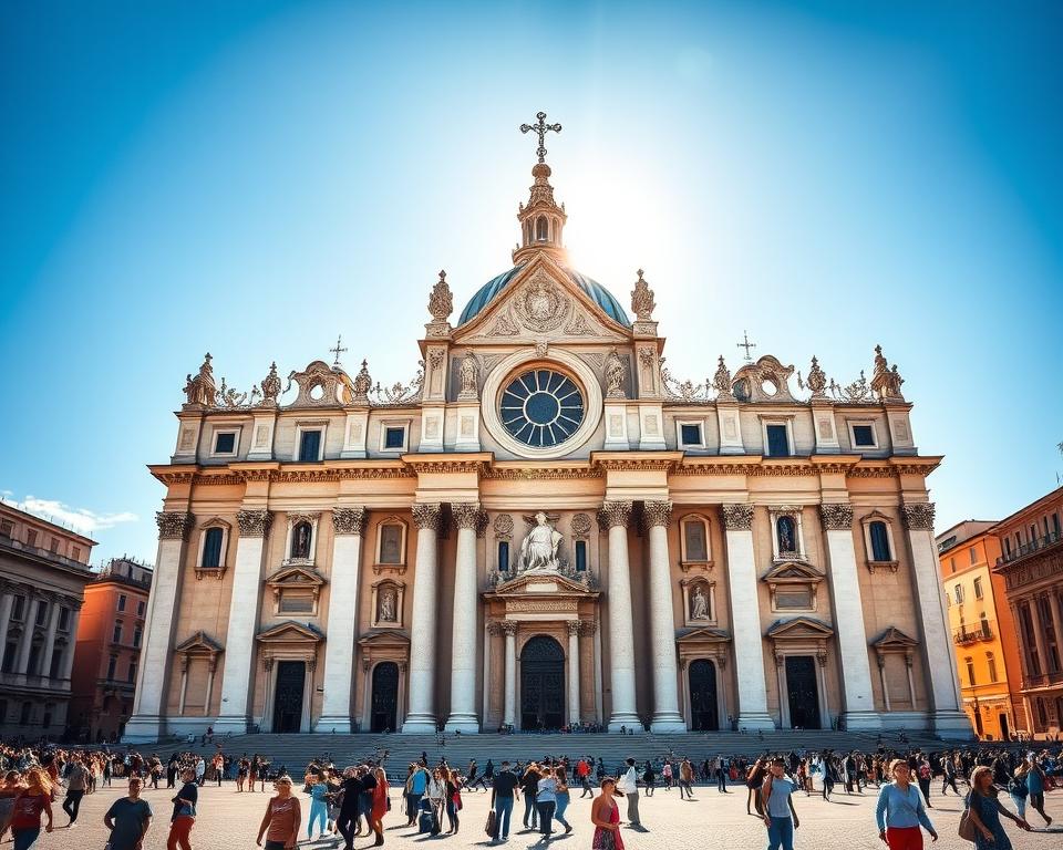A grand, majestic basilica standing tall against a backdrop of a clear, azure sky. The façade, adorned with intricate architectural details, radiates an aura of timeless elegance. Sunlight filters through the ornate stained-glass windows, casting a warm, reverent glow within the sacred space. Towering columns support the grand, vaulted ceiling, creating a sense of awe and reverence. In the foreground, the sprawling piazza is bustling with visitors, capturing the vibrant energy of this iconic Roman landmark. Język włoski dla Polaków.