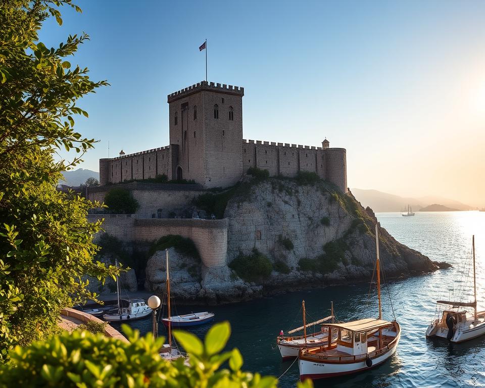 A grand medieval castle standing atop a rocky promontory, its towers and walls reflected in the shimmering waters of the Bay of Naples. The "Castel dell'Ovo" or "Egg Castle", a legendary structure associated with the ancient Roman poet Virgil and his fabled enchanted egg. Sunlight glints off the weathered stone, casting warm shadows across the facade. Lush greenery cascades down the cliffs, framing the majestic silhouette. In the foreground, a tranquil harbor scene with traditional fishing boats bobbing gently. Język włoski dla Polaków.