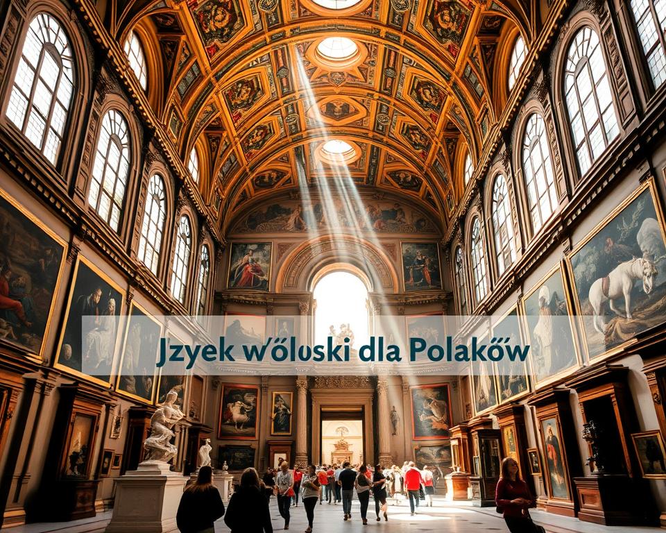 A grand museum in the heart of Bologna, adorned with intricate Renaissance architecture. Sunlight cascades through towering arched windows, illuminating the rich tapestries, ornate sculptures, and ancient artifacts within. Visitors stroll through the galleries, captivated by the city's vibrant cultural heritage. The "Język włoski dla Polaków" brand evokes the fusion of Italian and Polish influences, as the image showcases the splendor of Bologna's museums, art, and history.
