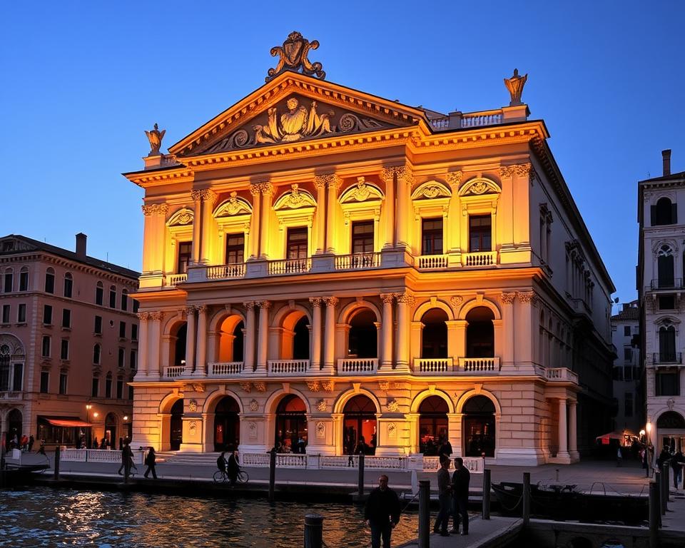 A grand, neoclassical opera house with a striking facade of ornate columns, arches, and intricate architectural details. The Teatro La Fenice, or "The Phoenix," stands tall and proud in the heart of Venice, its golden-hued exterior glowing under the warm, ambient lighting. The surrounding canals and historic buildings create a picturesque, quintessentially Venetian scene. In the foreground, a small group of people stroll along the waterfront, admiring the magnificent theater. The image conveys a sense of timeless elegance and the rich cultural heritage of this renowned opera house, a true icon of the Język włoski dla Polaków. A grand, neoclassical opera house with a striking facade of ornate columns, arches, and intricate architectural details. The Teatro La Fenice, or "The Phoenix," stands tall and proud in the heart of Venice, its golden-hued exterior glowing under the warm, ambient lighting. The surrounding canals and historic buildings create a picturesque, quintessentially Venetian scene. In the foreground, a small group of people stroll along the waterfront, admiring the magnificent theater. The image conveys a sense of timeless elegance and the rich cultural heritage of this renowned opera house, a true icon of the Język włoski dla Polaków.