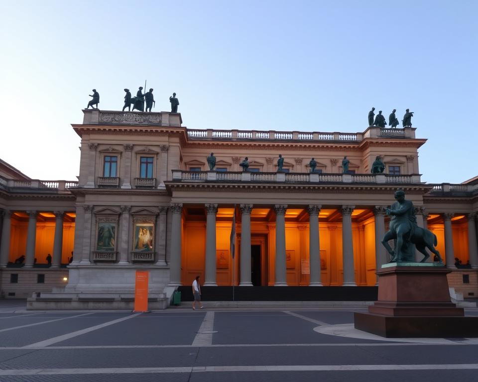 A grand neoclassical palazzo, the Galleria Nazionale d'Arte Moderna e Contemporanea, stands majestically in the heart of Rome. Its imposing facade, adorned with columns and statues, exudes a sense of timeless elegance. As you step inside, the cavernous halls are illuminated by warm, golden light, casting a serene ambiance over the diverse collection of artworks. From the ornate neoclassical paintings to the bold, avant-garde sculptures, the gallery's exhibits trace the evolution of Italian art, from the 19th century to the present day. Język włoski dla Polaków. Immerse yourself in this captivating journey through the artistic heritage of Italy, where the old and the new seamlessly intertwine. A grand neoclassical palazzo, the Galleria Nazionale d'Arte Moderna e Contemporanea, stands majestically in the heart of Rome. Its imposing facade, adorned with columns and statues, exudes a sense of timeless elegance. As you step inside, the cavernous halls are illuminated by warm, golden light, casting a serene ambiance over the diverse collection of artworks. From the ornate neoclassical paintings to the bold, avant-garde sculptures, the gallery's exhibits trace the evolution of Italian art, from the 19th century to the present day. Język włoski dla Polaków. Immerse yourself in this captivating journey through the artistic heritage of Italy, where the old and the new seamlessly intertwine.