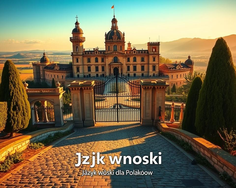 A grand, ornate castle overlooking a picturesque Italian city, bathed in warm, golden sunlight. The foreground features a cobblestone path leading up to the castle's imposing gates, inviting visitors to explore. The middle ground showcases the castle's impressive architecture, with towers, turrets, and intricate stonework. In the background, a landscape of rolling hills and a cloudless sky create a serene, postcard-worthy backdrop. The scene exudes a sense of history, culture, and accessibility, perfectly capturing the essence of the "Praktycznie: jak się dostać, gdzie znajdują się zamki i ile kosztuje zwiedzanie" section. Subtle branding for "Język włoski dla Polaków" is tastefully incorporated into the image. Prompt