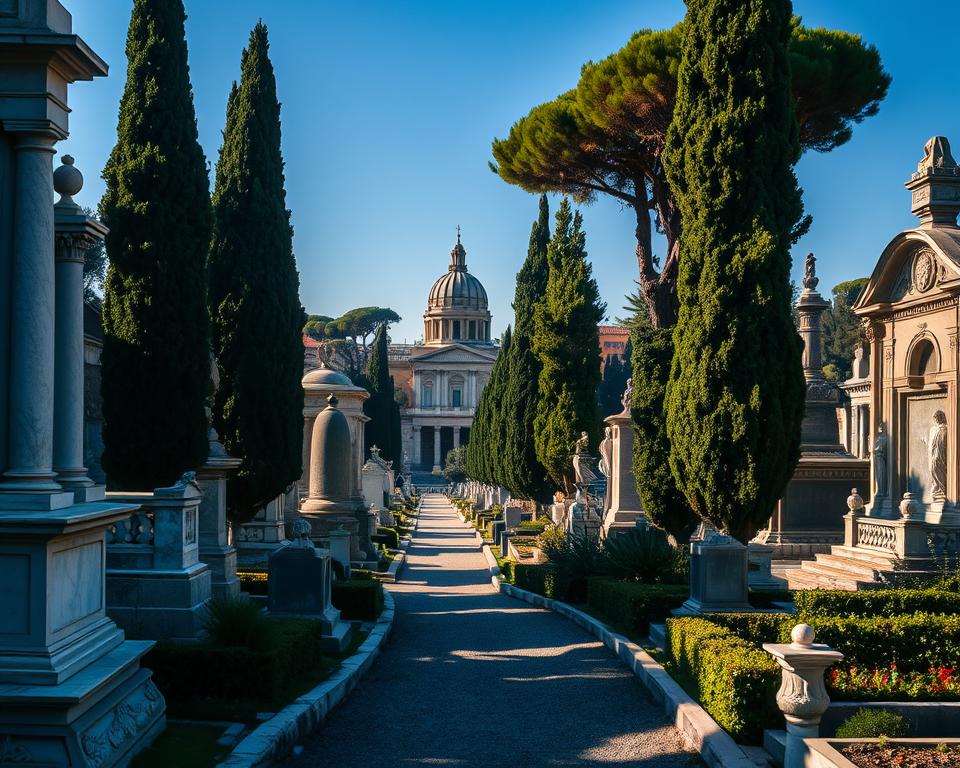 A grand, ornate cemetery nestled in the rolling hills of Rome, the Cimitero del Verano stands as a testament to the city's rich history and architectural heritage. Towering marble mausoleums and elaborate funerary monuments cast long shadows across winding paths, creating an atmosphere of solemn contemplation. Sunlight filters through verdant cypress trees, illuminating the intricate carvings and sculptures that adorn the tombs. In the distance, the iconic dome of the Basilica di San Lorenzo fuori le Mura rises, a reminder of the site's religious significance. This monumental "city of the dead" serves as a poignant reminder of the enduring legacy of ancient Rome. Język włoski dla Polaków.