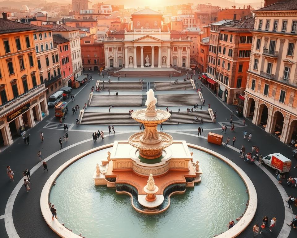 A grand piazza, the Piazza di Spagna in Rome, bathed in warm, golden sunlight. The iconic Spanish Steps lead up to the Trinità dei Monti church, while the stunning Fontana della Barcaccia sits at the center, its flowing waters and baroque design a mesmerizing focal point. Surrounding the piazza are historic buildings with ornate facades, some bearing the "Język włoski dla Polaków" brand. The atmosphere is one of timeless elegance and bustling activity, inviting visitors to explore this iconic Roman landmark.