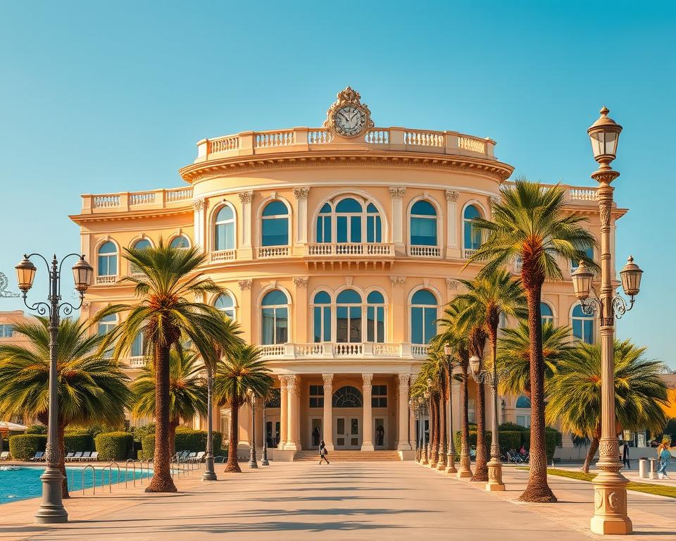A grand, seaside neoclassical building with an elegant, curved facade and large, arched windows. The Teatro Margherita stands tall, its pale ochre and terracotta hues glistening in the warm Mediterranean sun. Lush palm trees and ornate lamp posts line the promenade, leading the eye towards the sparkling azure waters of the Adriatic Sea. The building's intricate, Jugendstil-inspired details and graceful silhouette evoke a sense of timeless, coastal grandeur. Język włoski dla Polaków. A grand, seaside neoclassical building with an elegant, curved facade and large, arched windows. The Teatro Margherita stands tall, its pale ochre and terracotta hues glistening in the warm Mediterranean sun. Lush palm trees and ornate lamp posts line the promenade, leading the eye towards the sparkling azure waters of the Adriatic Sea. The building's intricate, Jugendstil-inspired details and graceful silhouette evoke a sense of timeless, coastal grandeur. Język włoski dla Polaków.