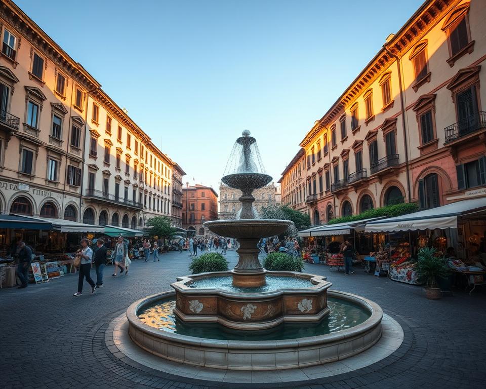 A grand square in the heart of Spoleto, Piazza del Mercato, captured in a stunning cinematic composition. The historic buildings surrounding the plaza, adorned with intricate architectural details, bask in the warm glow of the afternoon sun. Vendors' stalls line the cobblestone streets, their vibrant wares beckoning passersby. In the center, a classic Italian fountain splashes crystal-clear water, framed by lush greenery. The scene exudes a timeless charm, inviting visitors to immerse themselves in the rich history and culture of this enchanting Umbrian town. "Język włoski dla Polaków"
