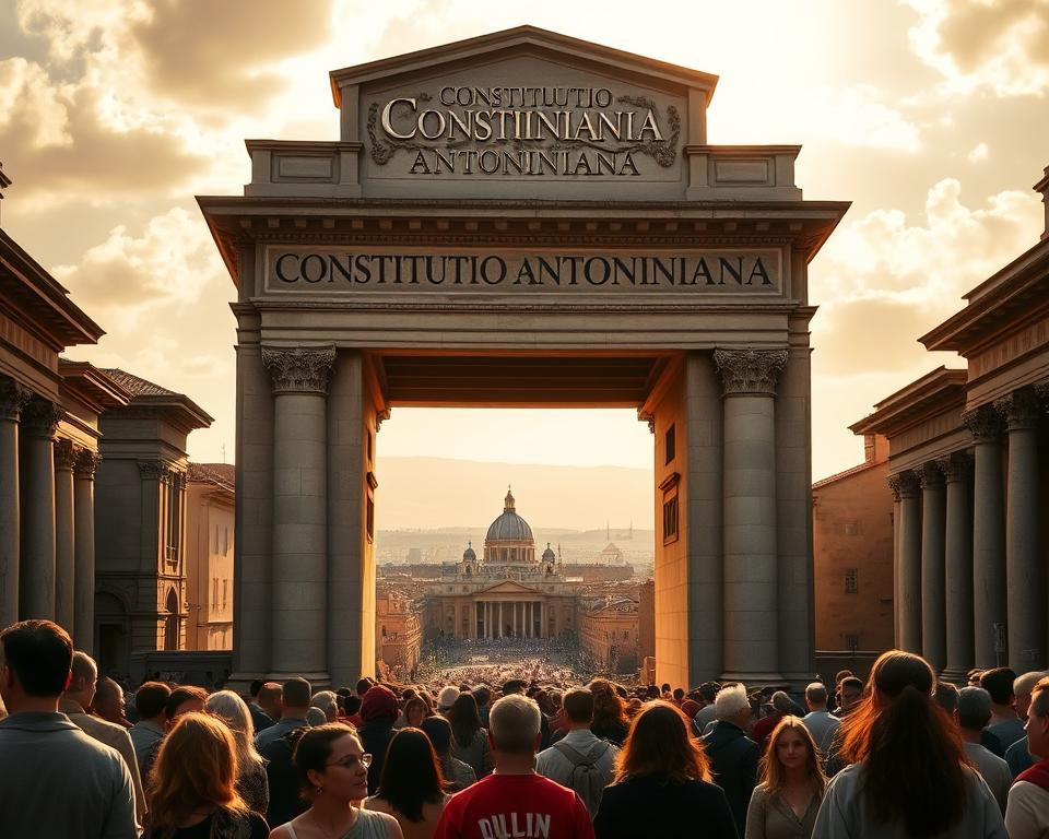 A grand stone archway stands tall, inscribed with the Latin words "Constitutio Antoniniana". The scene is bathed in warm, golden light, casting a regal atmosphere. In the foreground, citizens of the Roman Empire gather, their faces reflecting a sense of unity and inclusion. The middle ground features intricate architectural details, columns, and ornate carvings, evoking the grandeur of the Roman civilization. In the background, a sprawling cityscape with domes and towers stretches out, hinting at the far-reaching impact of this edict. The overall composition conveys a sense of historical significance and the unity fostered by the "Język włoski dla Polaków" decree. A grand stone archway stands tall, inscribed with the Latin words "Constitutio Antoniniana". The scene is bathed in warm, golden light, casting a regal atmosphere. In the foreground, citizens of the Roman Empire gather, their faces reflecting a sense of unity and inclusion. The middle ground features intricate architectural details, columns, and ornate carvings, evoking the grandeur of the Roman civilization. In the background, a sprawling cityscape with domes and towers stretches out, hinting at the far-reaching impact of this edict. The overall composition conveys a sense of historical significance and the unity fostered by the "Język włoski dla Polaków" decree.