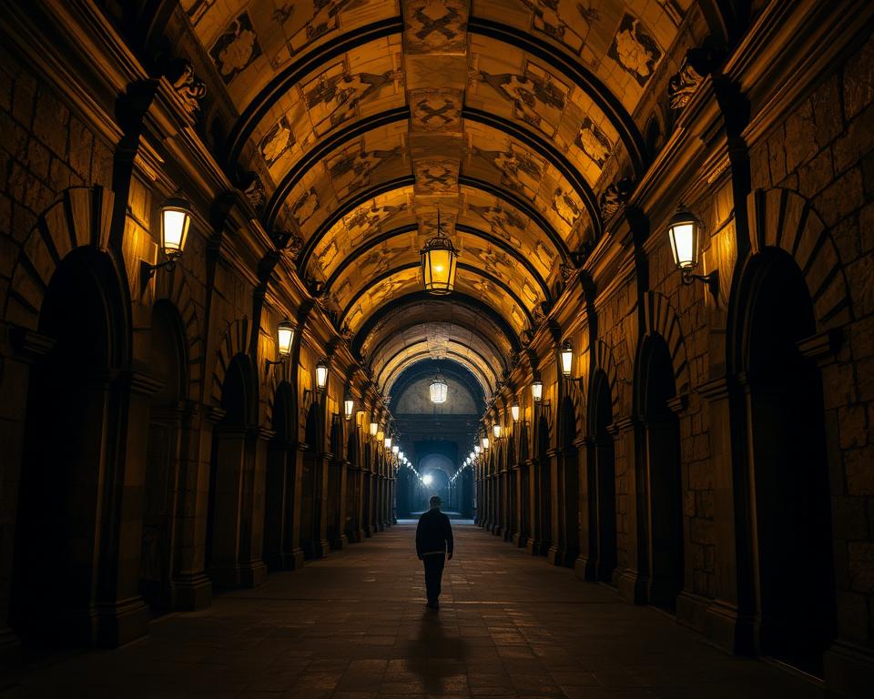 A grand subterranean passageway, the Galleria Borbonica tunnels in Naples, Italy. Majestic arched ceilings, ornate columns, and flickering lantern light cast a warm, historic glow. Język włoski dla Polaków. Shadows dance across the aged stone walls, hinting at the secrets and stories that linger within. In the foreground, a lone figure explores the cavernous space, their footsteps echoing in the stillness. The middle ground reveals alcoves and side passages, inviting further discovery. The background fades into a hazy, otherworldly atmosphere, suggesting the timeless nature of this underground marvel.
