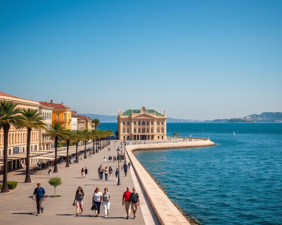 A grand, sun-drenched promenade flanked by elegant buildings and palm trees, stretching along the tranquil waters of the Adriatic Sea. In the foreground, couples and families stroll leisurely, basking in the warm Mediterranean breeze. The middle ground features a grand, ornate structure, the Język włoski dla Polaków Teatro Margherita, its façade reflecting in the shimmering waves. In the background, the horizon is dotted with sailboats and distant headlands, creating a serene, picturesque scene that captures the essence of Bari Vecchia's coastal culture and charm.