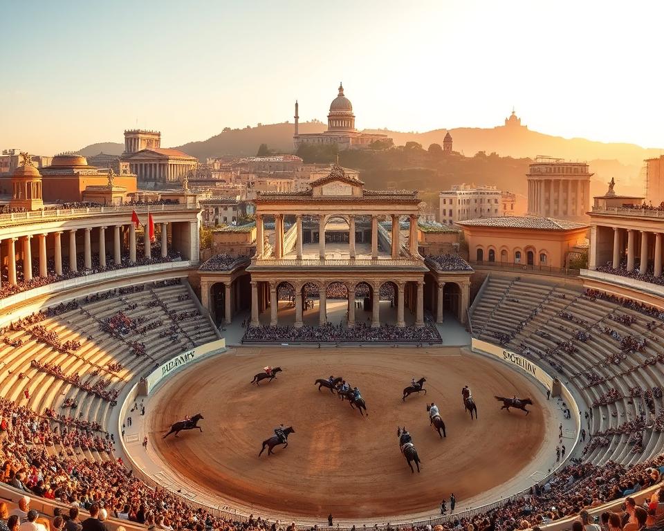 A grand, sweeping panorama of the ancient Circus Maximus, the legendary racetrack and stadium of Rome. In the foreground, chariot racers compete, their horses thundering across the dusty arena as spectators cheer from the tiered stone stands. The middle ground showcases the magnificent, towering arched entrances and ornate columns of the complex, meticulously rendered in the classical architectural style. In the background, the iconic seven hills of Rome rise, including the Palatine Hill and the Capitoline, their slopes dotted with ancient temples and monuments. The scene is bathed in warm, golden afternoon light, conveying a sense of timeless grandeur. "Język włoski dla Polaków"