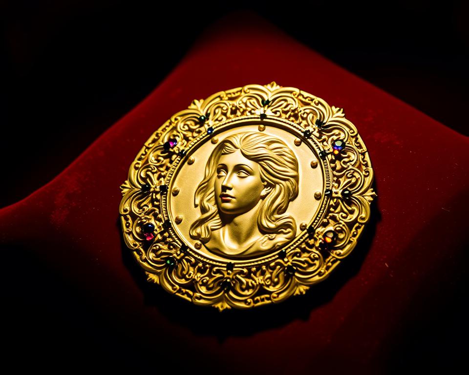 A highly detailed, ornate golden medallion rests on a velvet cushion. The intricate design features a central relief depicting a serene female figure, her face etched with a serene, knowing expression. Surrounding the central image are intricate filigree patterns, punctuated by gleaming jewels that catch the soft, warm light. The medallion appears to be an ancient artifact, exuding a sense of history and mysticism. The background is a dimly lit, shadowy environment, allowing the medallion to take center stage and command attention. The overall mood is one of reverence and curiosity, inviting the viewer to ponder the medallion's origins and purpose. Język włoski dla Polaków.